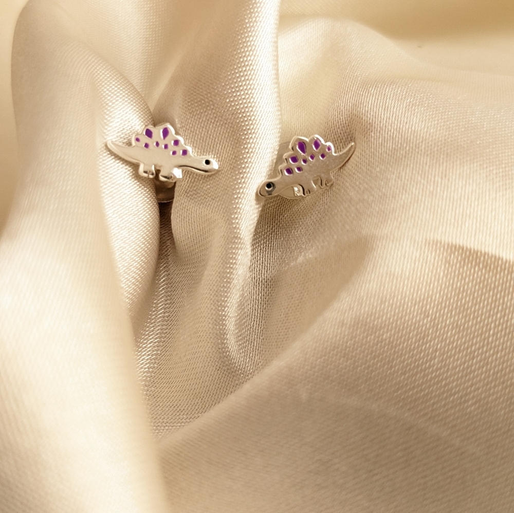 Silver Dinosaur Ear Studs with Epoxy